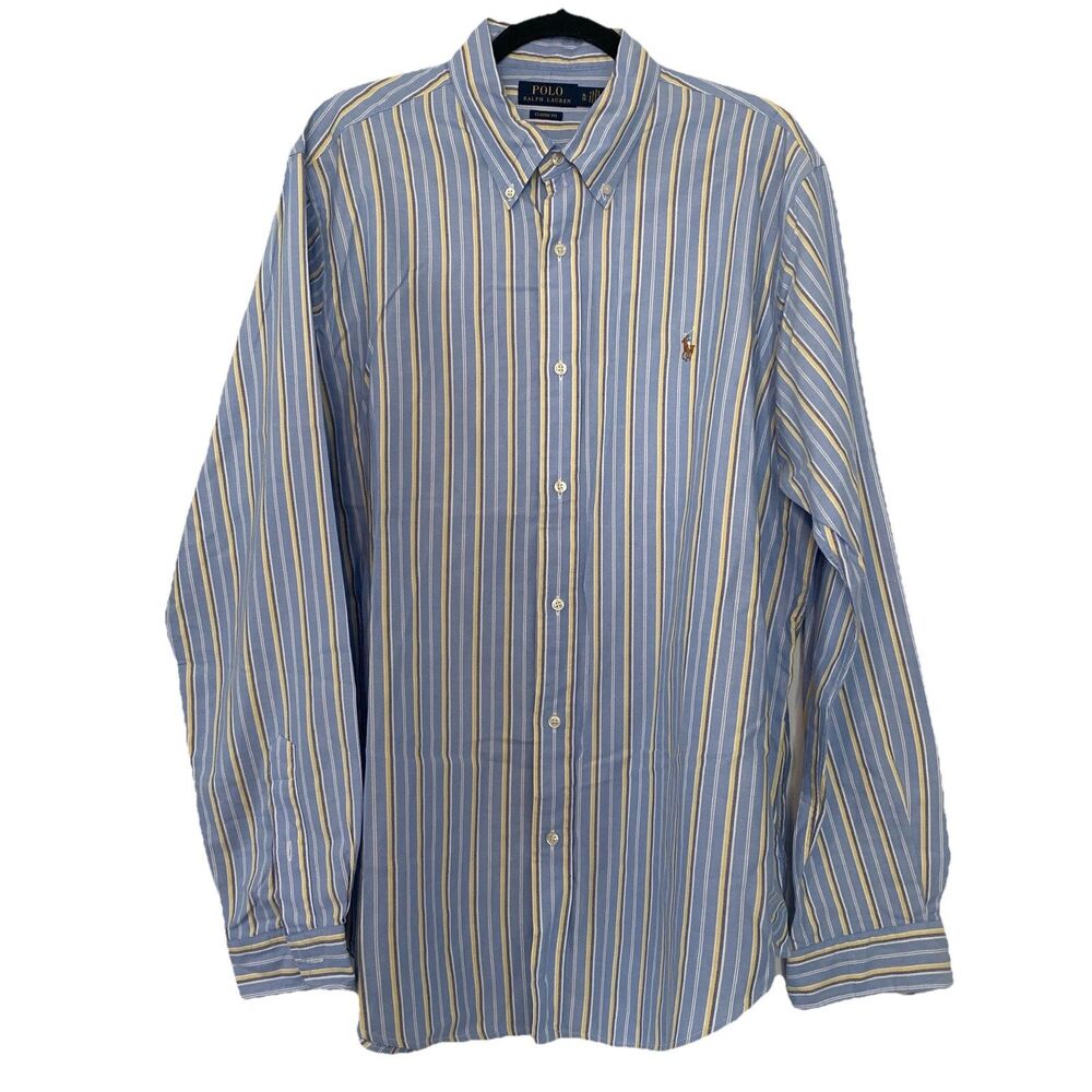 Polo Ralph Lauren Mens XL Shirt 100% Cotton Long Sleeve Shirt Blue Yellow Stripe